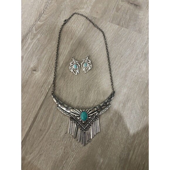 Southwestern Style Turquoise Silver Tone Beaded Necklace Earring Set Faux Stone - Picture 2 of 7